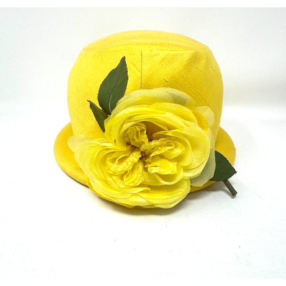 Vintage Miss Alice Bowler Hat Yellow Silk with Flower Embellishment - Picture 6 of 10